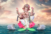 Ganpati On Lotus In Lake Painting Self Adhesive Sticker For Wardrobe