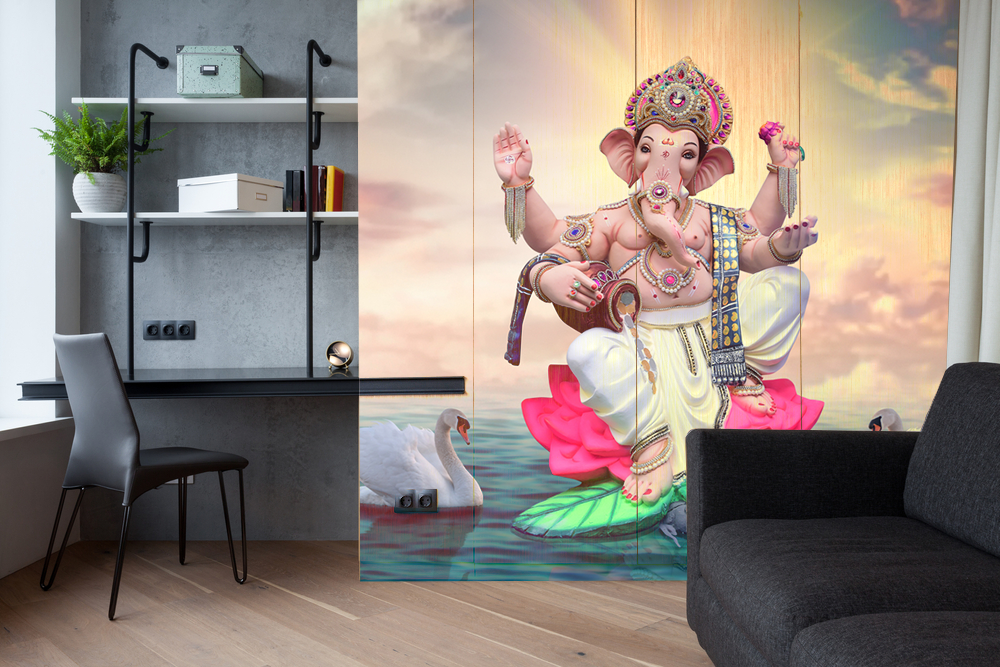 Ganpati On Lotus In Lake Painting Self Adhesive Sticker For Wardrobe