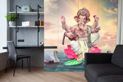 Ganpati On Lotus In Lake Painting Self Adhesive Sticker For Wardrobe