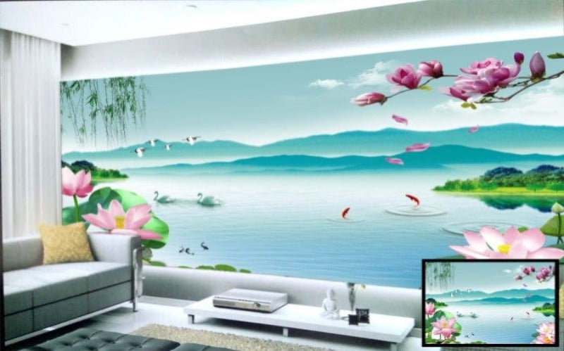 Lotus And Swans wall covering