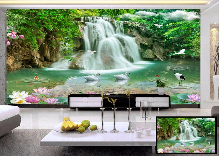 Waterfall and Swans wall covering