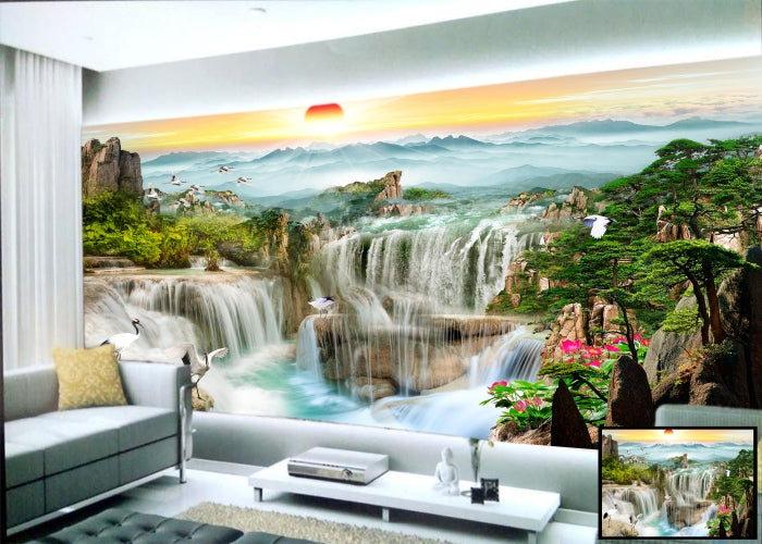 Hills and Waterfall wall covering