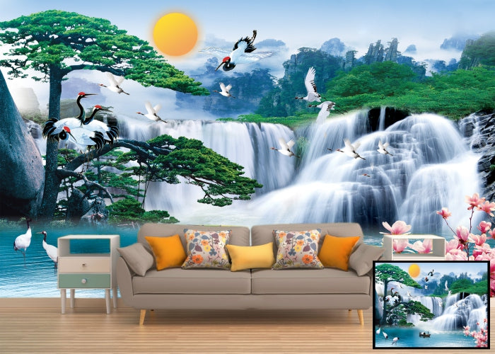 Waterfall and Birds Flying wall covering
