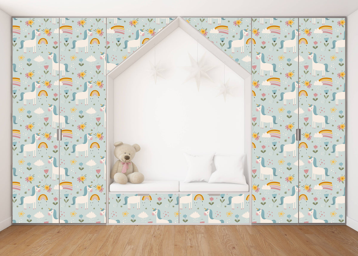 White Horse And Rainbow Self Adhesive Sticker For Wardrobe