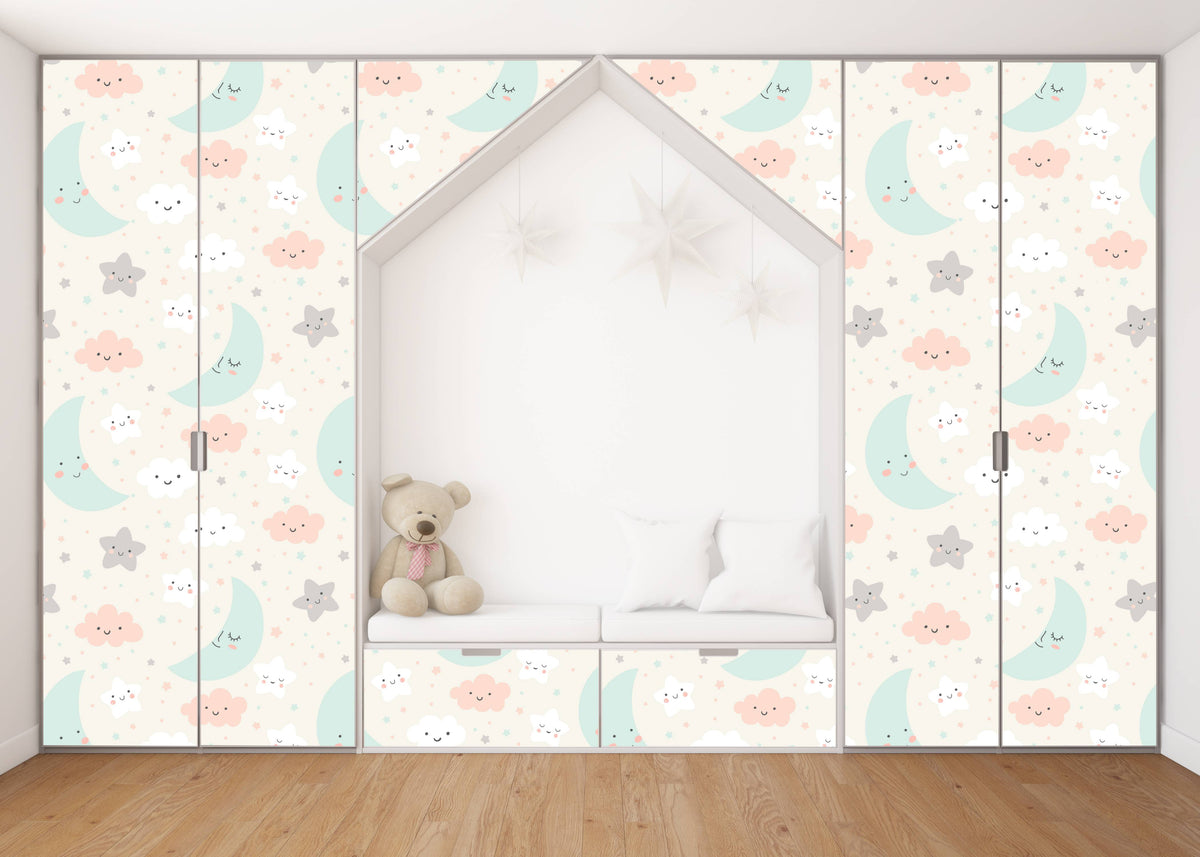 Moon And Star Sketch Self Adhesive Sticker For Wardrobe