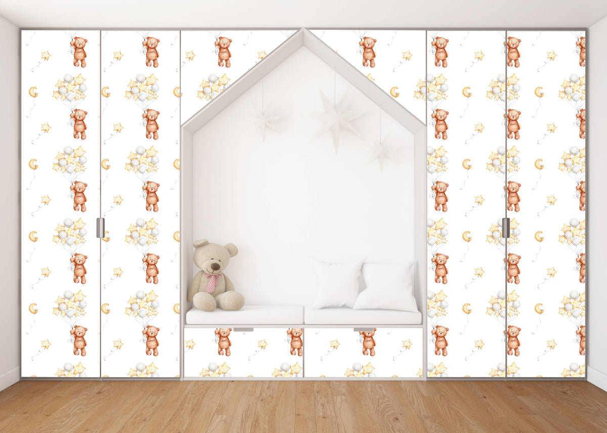 Teddy With Baloons Self Adhesive Sticker For Wardrobe