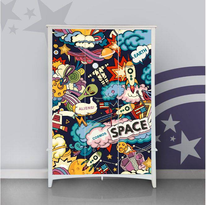 Space Crafts Drawing Self Adhesive Sticker For Wardrobe