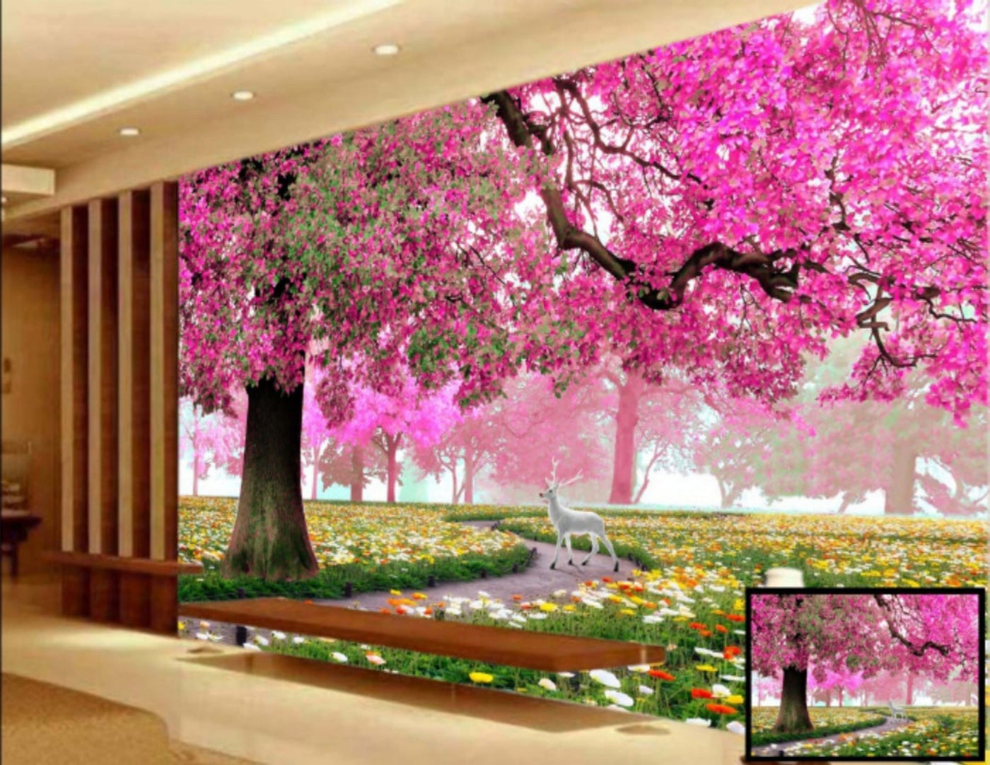 Pink Flower an White Deer wallpaper for wall