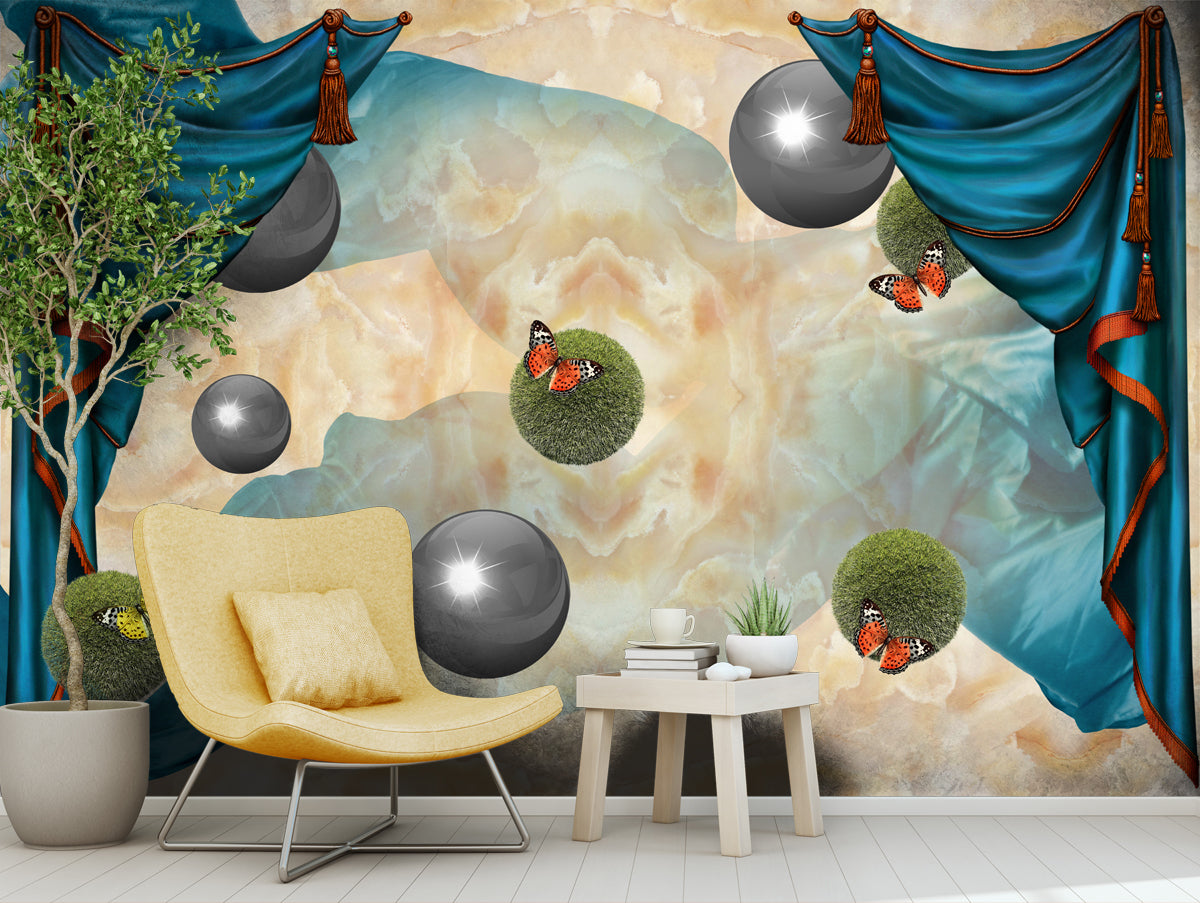 Grass Ball and Butterflies custom wallpaper for wall